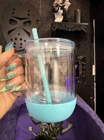 11oz w/ handle, color lid/straw (comes with leak proof straw plug. Also, flip top for sipping!)