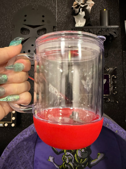 11oz w/ handle, color lid/straw (comes with leak proof straw plug. Also, flip top for sipping!)