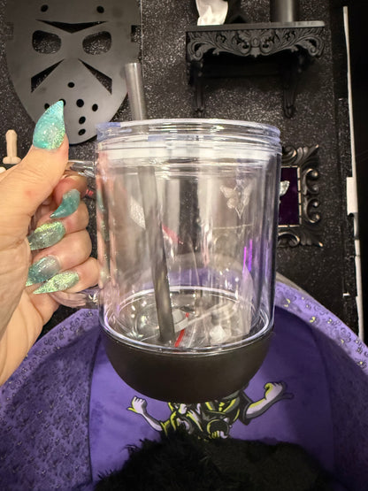 11oz w/ handle, color lid/straw (comes with leak proof straw plug. Also, flip top for sipping!)