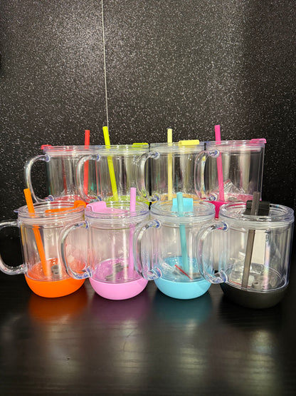 11oz w/ handle, color lid/straw (comes with leak proof straw plug. Also, flip top for sipping!)